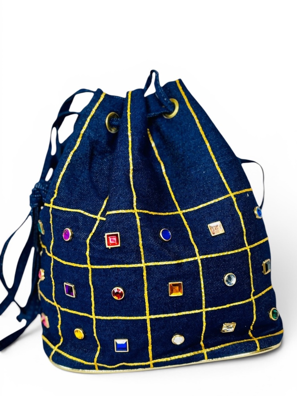 Bakail Vintage 80s Large Denim and Rhinestone Statement Drawstring Bucket Bag